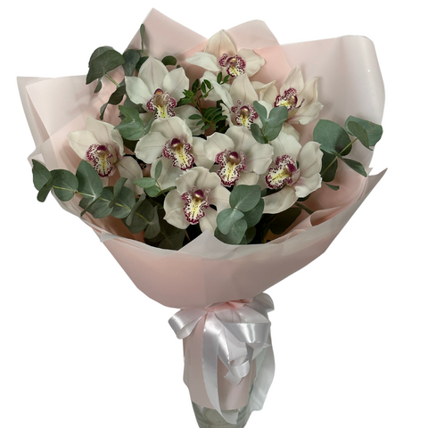 Bouquet of 9 orchids with eucalyptus