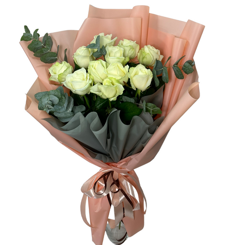 11 white roses with eucalyptus